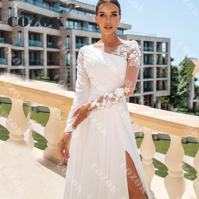 Vestido De novia De encaje con apliques De manga larga, elegante Vestido De novia De gasa con aberturas laterales plisadas, línea A, personalizado, HD40