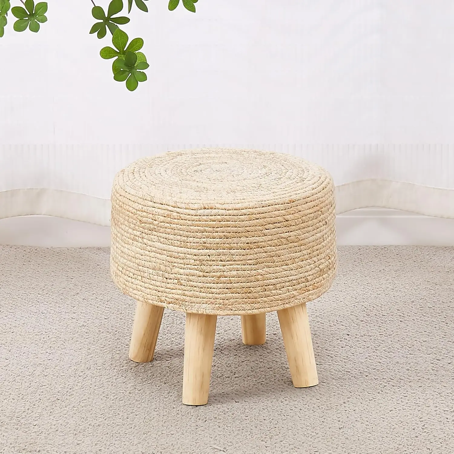 

Round Ottoman Natural Seagrass Footstool Poufs Hand Weave Sofa Foot Stool Soft Step Stool Boho Accent Padded Foot Rest With