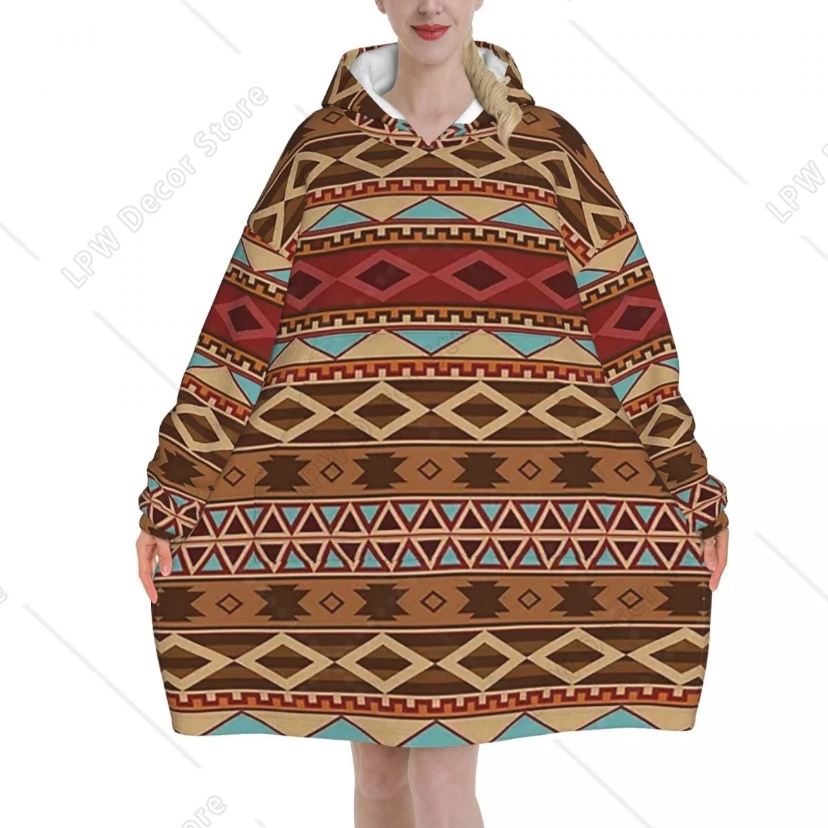 Aztec Ethnic Wearable Flannel Blanket Hoodie Oversized Hooded Blanket Pullover Sweatshirt Fleece Sherpa Blankets