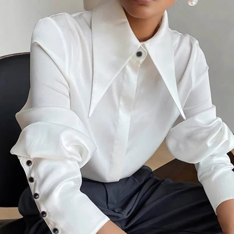 Fashion Vintage Satin Silk Shirt Women Elegant Turn Down Collar Women Blouse White Long Sleeve Ladies Shirts Tops Blusas 16946