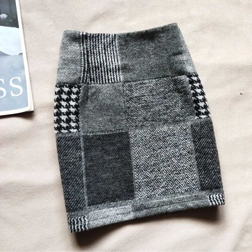 パッチワーク格子柄厚手スカート レディース 2025秋冬 レトロ ハイウエスト ウール ペンシルスカート シック スリムフィット 多用途スカート