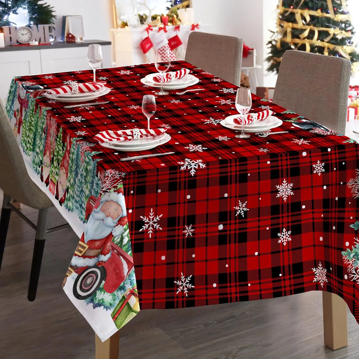 Christmas Snowman Waterproof Tablecloth Party Decor Xmas Washable Red Green Plaid Table Cloths Kitchen Dining Room Table Decor