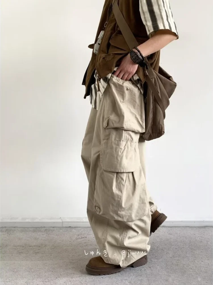 Cargo Pants Men Loose Teens Designed Pockets Korean Fashion Casual Mopping Trousers Solid Youthful Vitality Hipster Trendy Ins