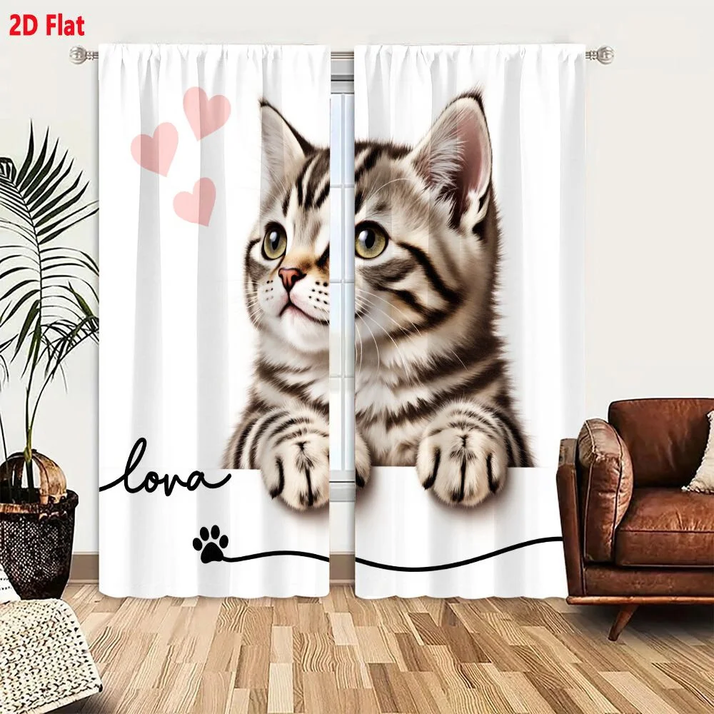 2Pcs Curtains 2D Flat Cute Gray Tabby Kitten With White Fur Black Stripes Peeking Over White Surface Large Green Eyes Pink Nose