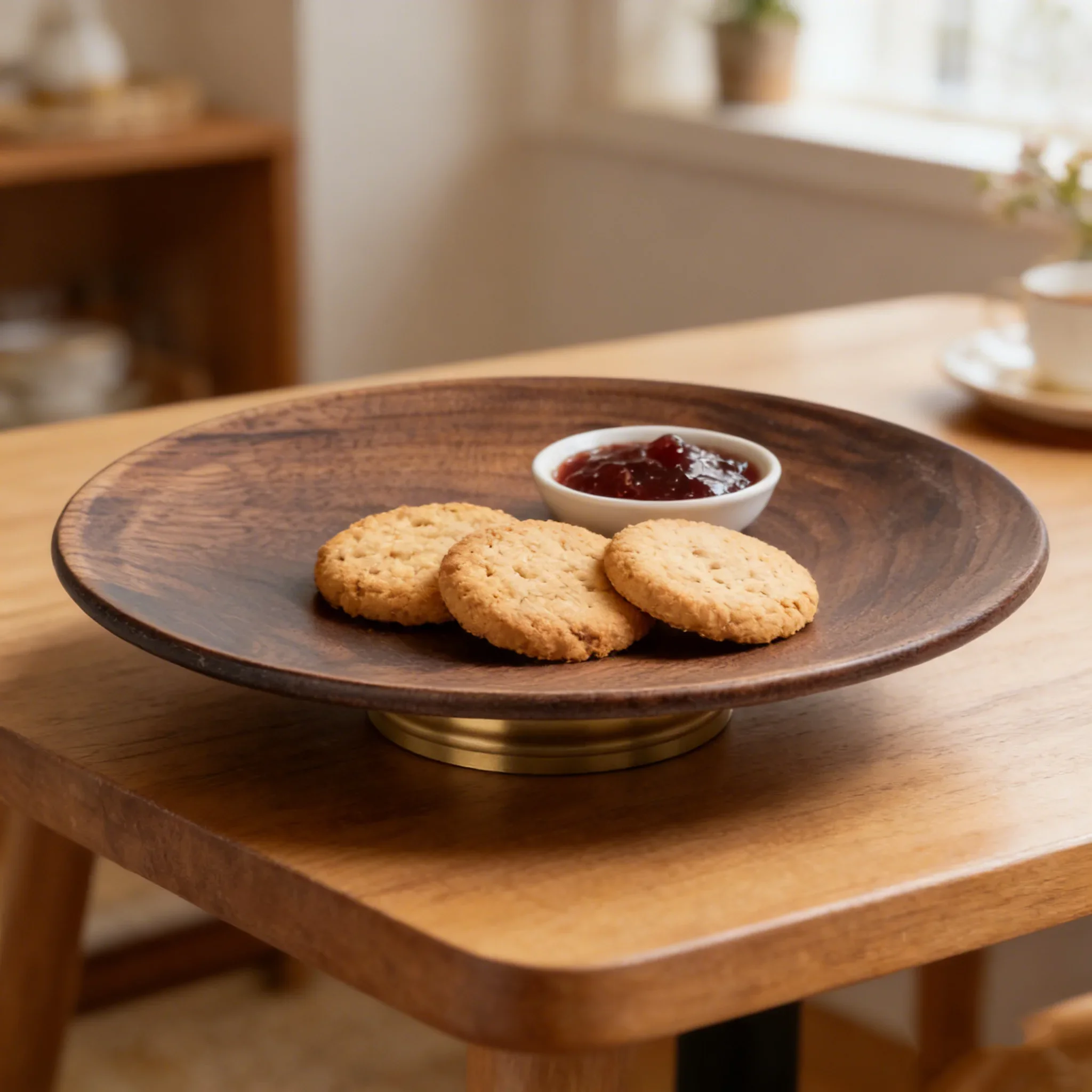 Handmade Solid Walnut Wood Serving Platter,Brass Base Elevated Fruit Bowl,Multi-use Snack/Candy/Dessert Tray for Kitchen Dining