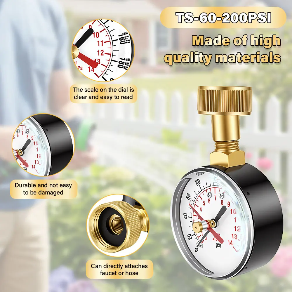 TS-60-200 PSI Wasserpumpen-Druckmesser für Schlauch und Wasserhahn, Gartenschlauch-Wasserdruckprüfgerät – Detail 2