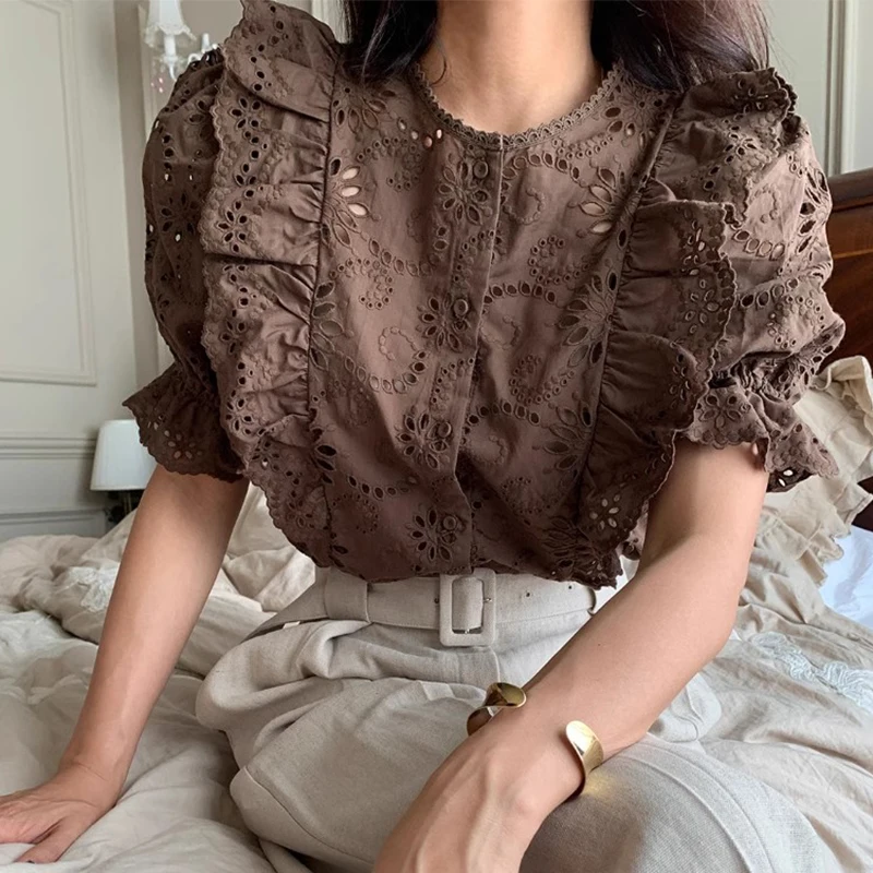 Nomikuma Korean Chic 2024 Summer French Chic Hollowed Out Hook Flower Versatile Ruffle Edge Puff Sleeve Shirt for Women