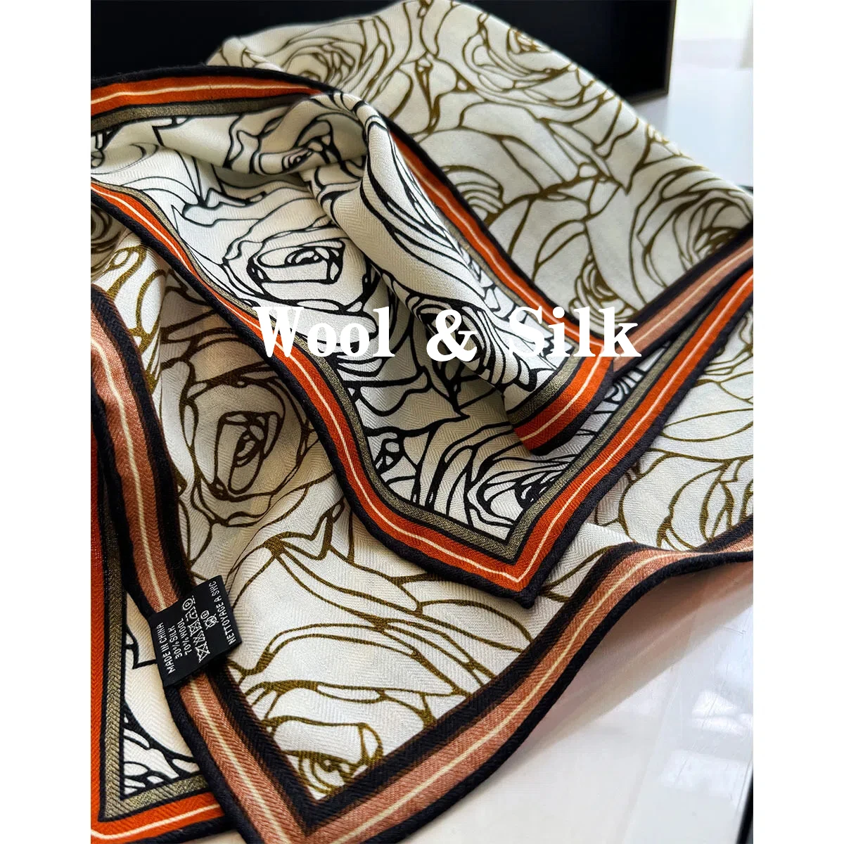 

82% Wool 18% Silk Scarves Ladies Muffler Autumn Winter Wool Silk Square Scarf Elegant Luxury Brand Rose Floral Neck Warmer