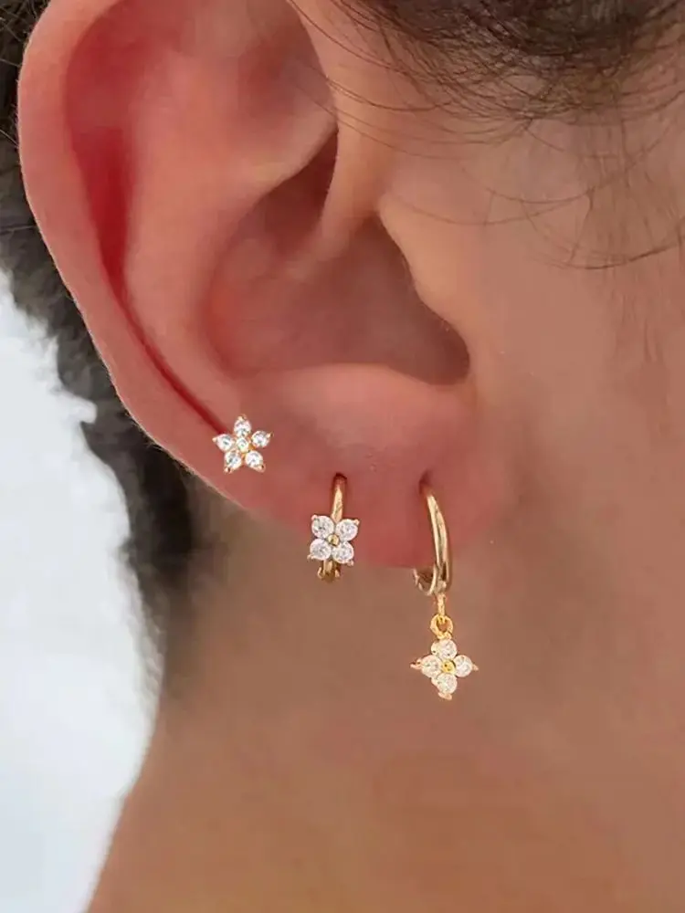 3 pièces Simple quatre fleurs Zircon petite boucle d'oreille en acier inoxydable étoile Cartilage Piercing boucle d'oreille ensemble pour les femmes bijoux de mode