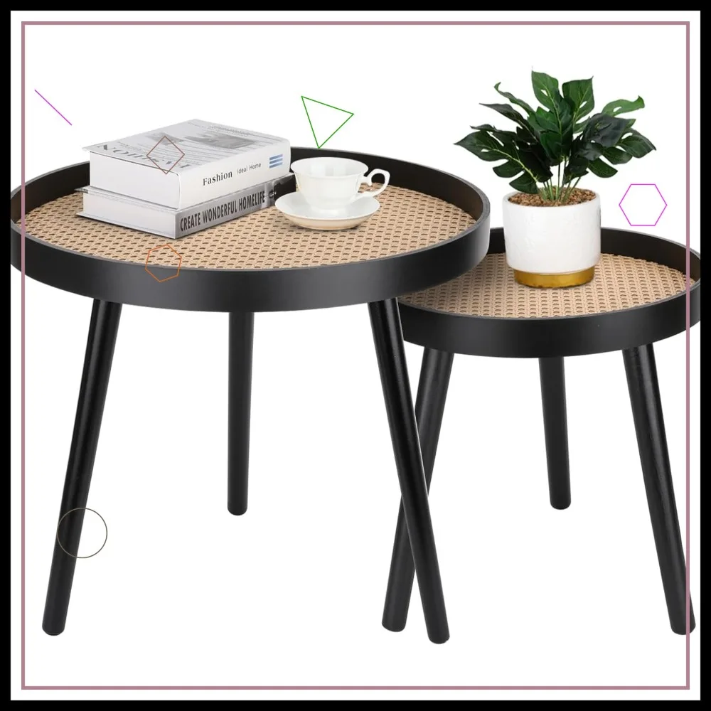 

Rattan Round Side Table, Black Small End Table for Living Room Bedroom Office Balcony, Modern Boho Accent