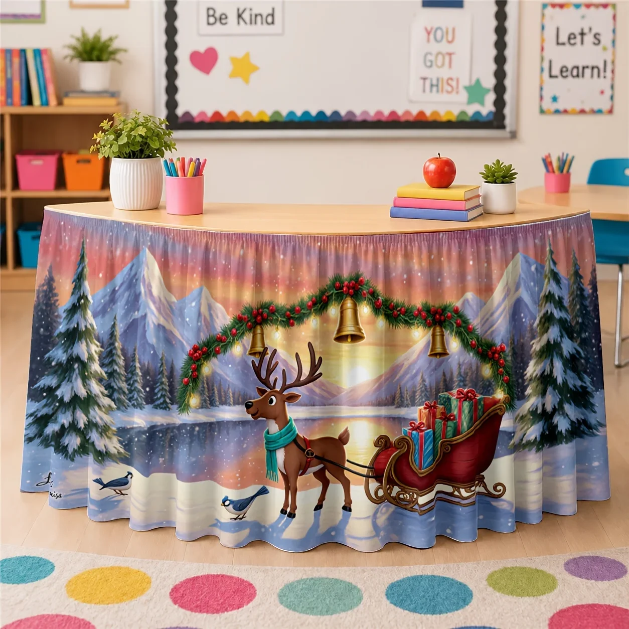 Table skirt for winter, Christmas, snowy scene, reindeer, bell, wreath, mountain range, sunset, party table skirtxzj