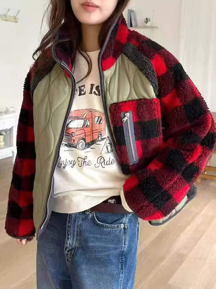 

Women's Winter Faionable Loose Fit Cotton Jaet with Zipper Stand Collar Diamond Pattern Floing Polyester Insert