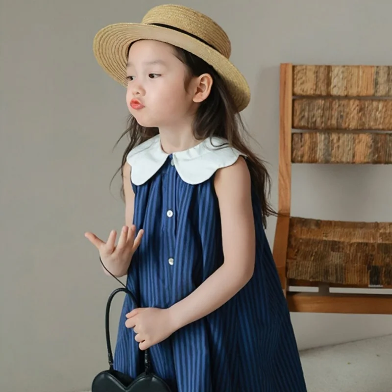 Korean Style Girls Dress Summer Sweet Kids Dresses Cotton Solid Color Sleeveless Children Dress Casual Girl Clothes 3-8 Years