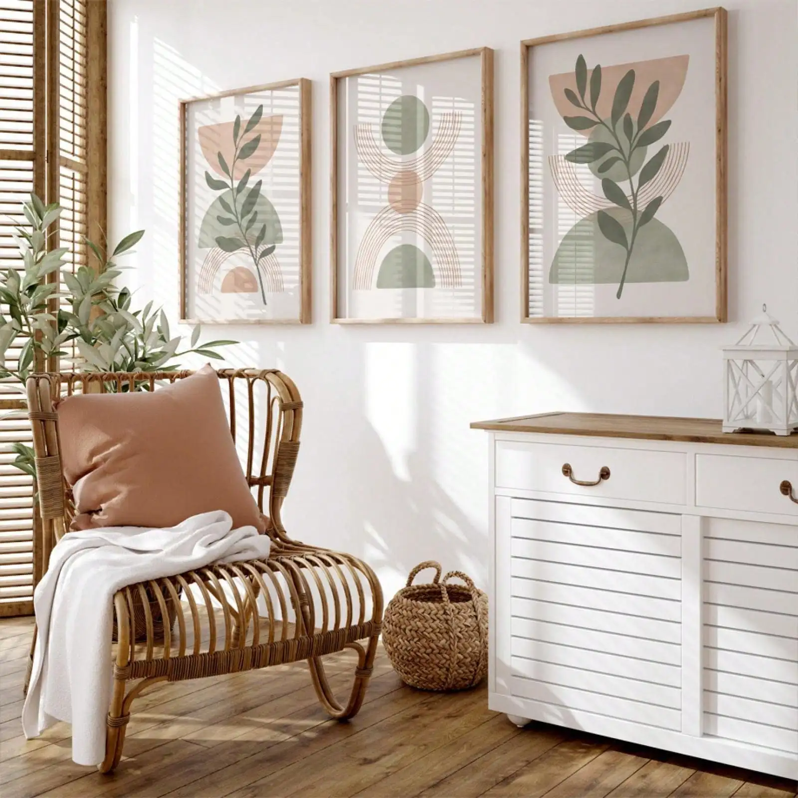 3PCS Frameless,Set of 3 Peach Green Boho Botanical Wall Arts Print, Sage Green Mid Century Print, Sage Green Canvas Posters, Nat