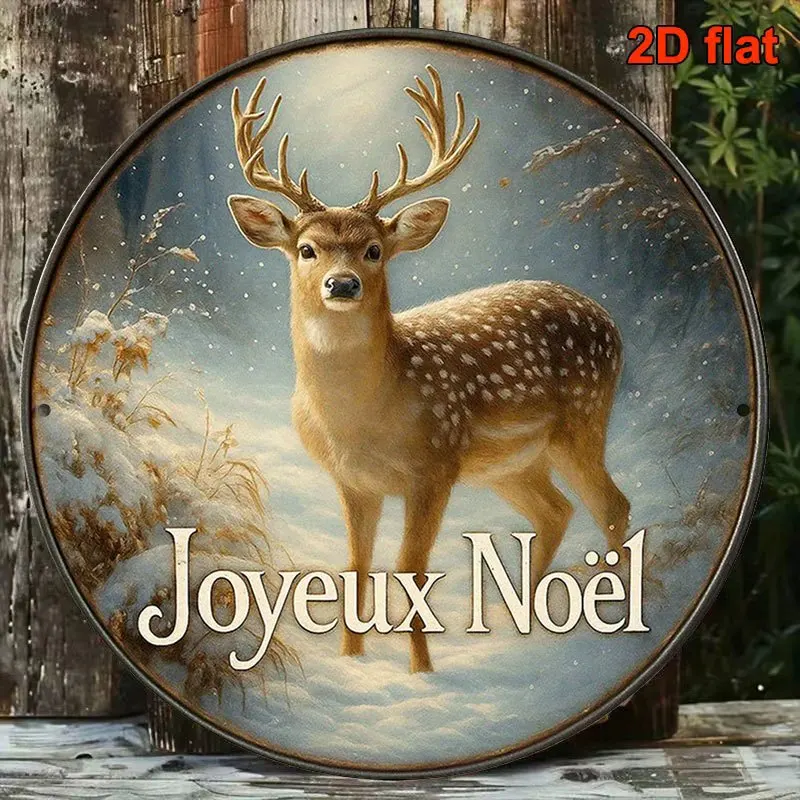 2D Flat, 1pc 1pcs Suitable for Christmas Winter Snow Deer Wall Decor - Vintage Round Sign with French Text Compatible for French