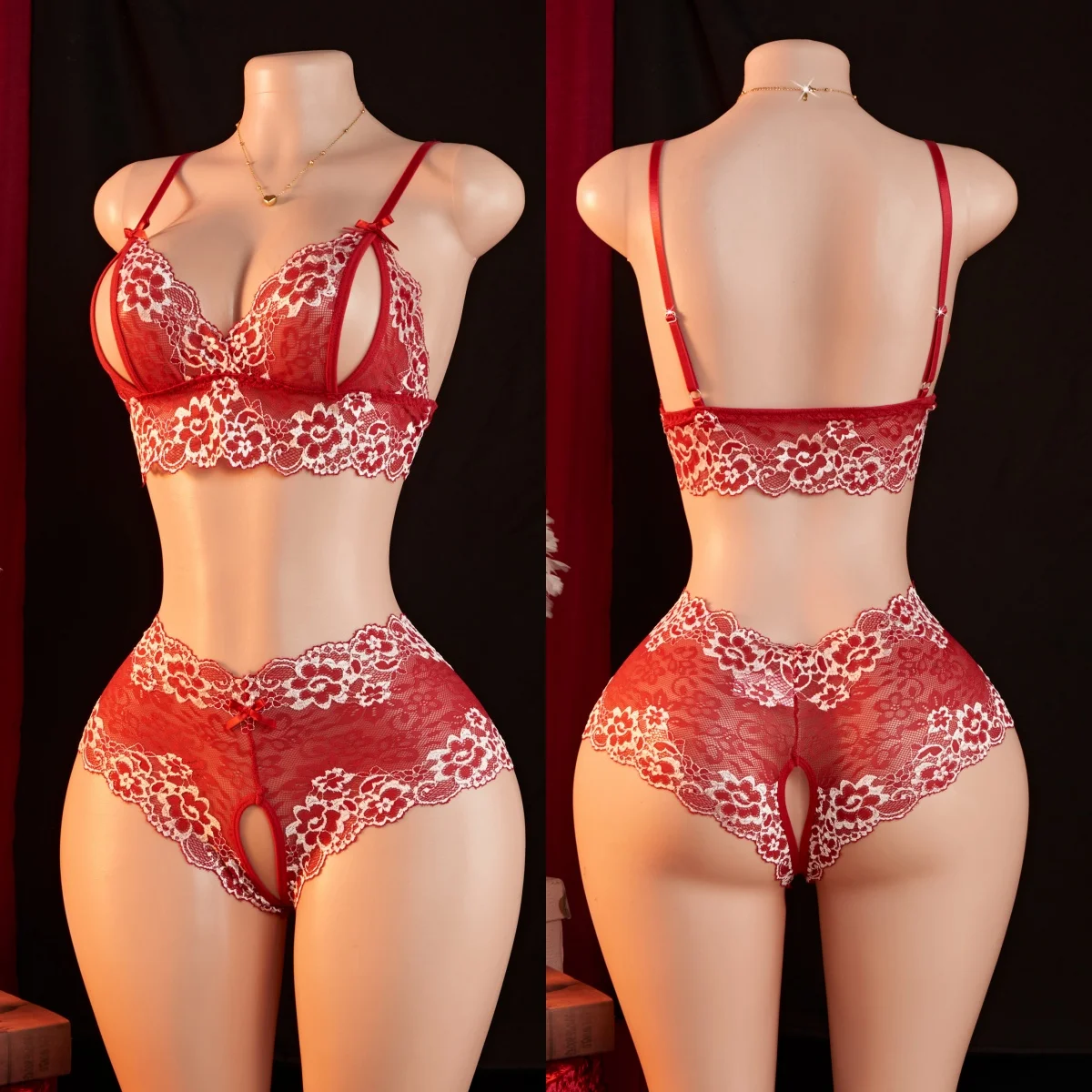 

Комплект с бюстгальтером с открытой чашкой, сексуальное женское белье для женщин, прозрачное кружевное нижнее белье с цветочным принтом, бюстгальтер + трусики с вырезами, соблазнительные комплект из 2 предметов