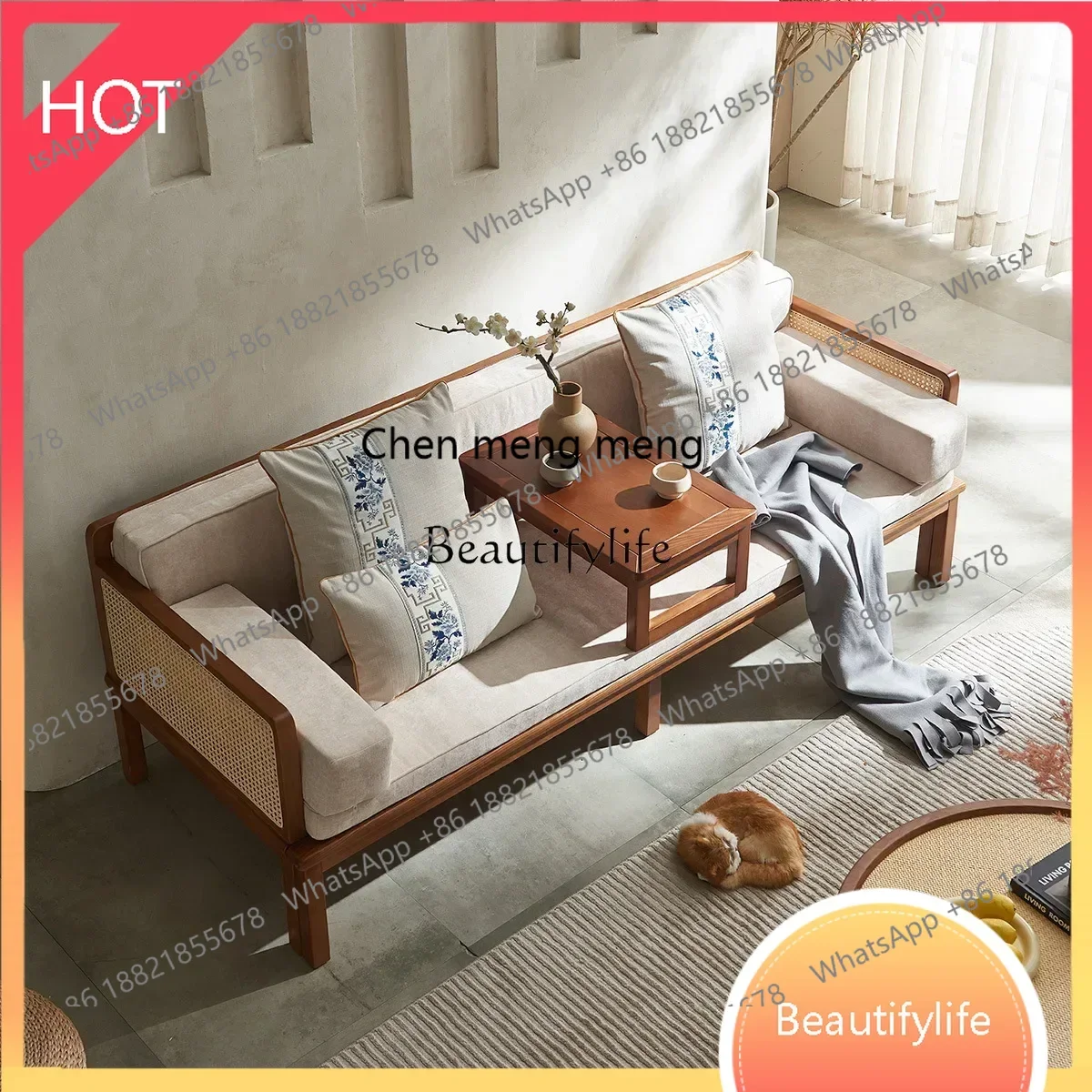 

style Rattan sofa living room solid wood new Chinese ash wood sleeping flat bed ss 8617