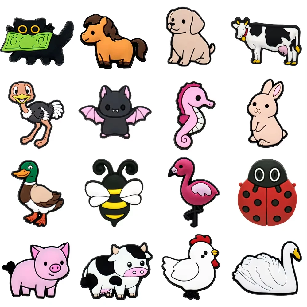 16PCS Cartoon Farm Animals Shoe Charm Cow Bunny Pink Pig Dog Cat PVC Decor Buckle Clog Detachable DIY Waterproof To X-mas Gift