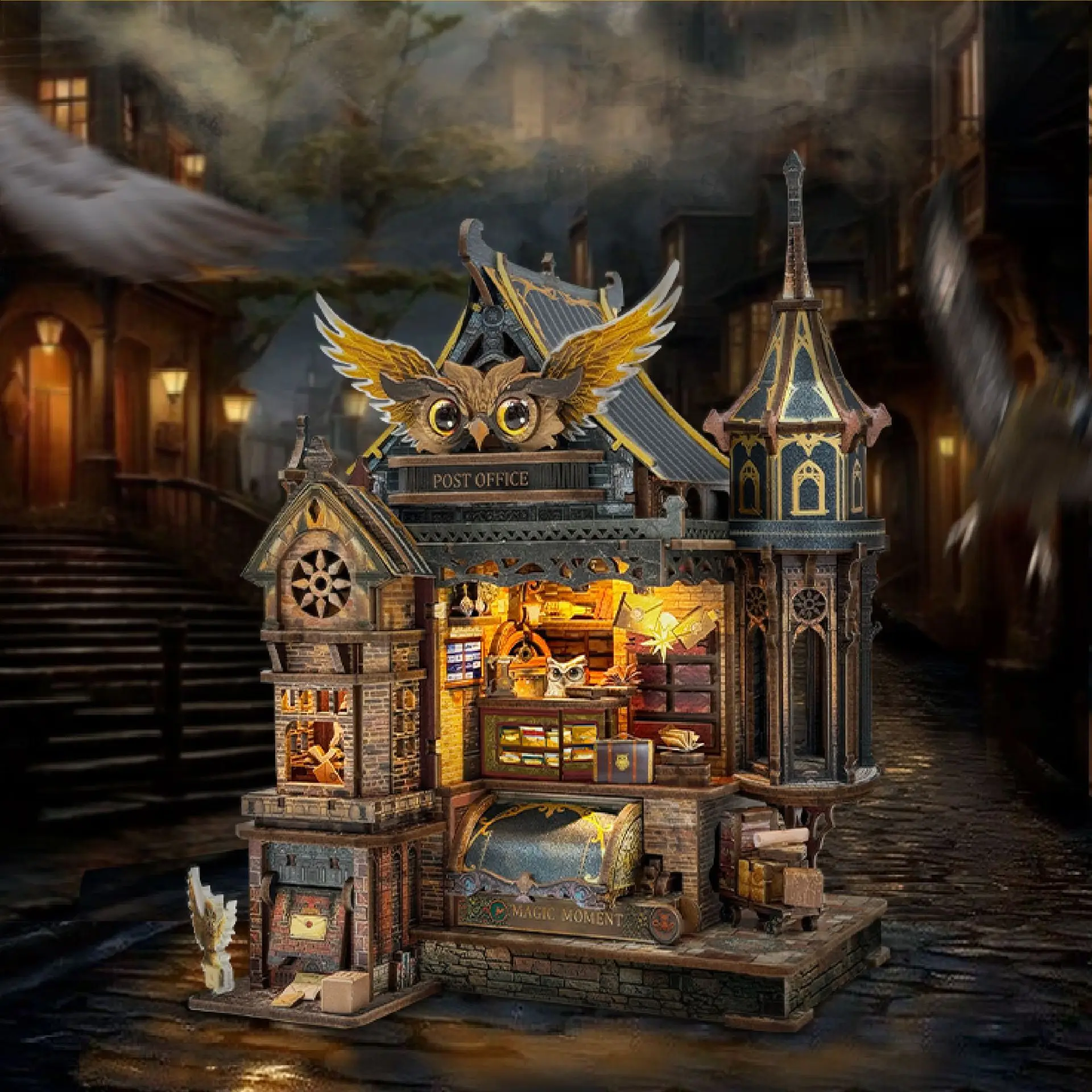 OUZEY Owl Post Office Rompecabezas de madera 3D, kit de modelo de casa en miniatura caprichoso, regalo mágico de bricolaje para adultos y adolescentes
