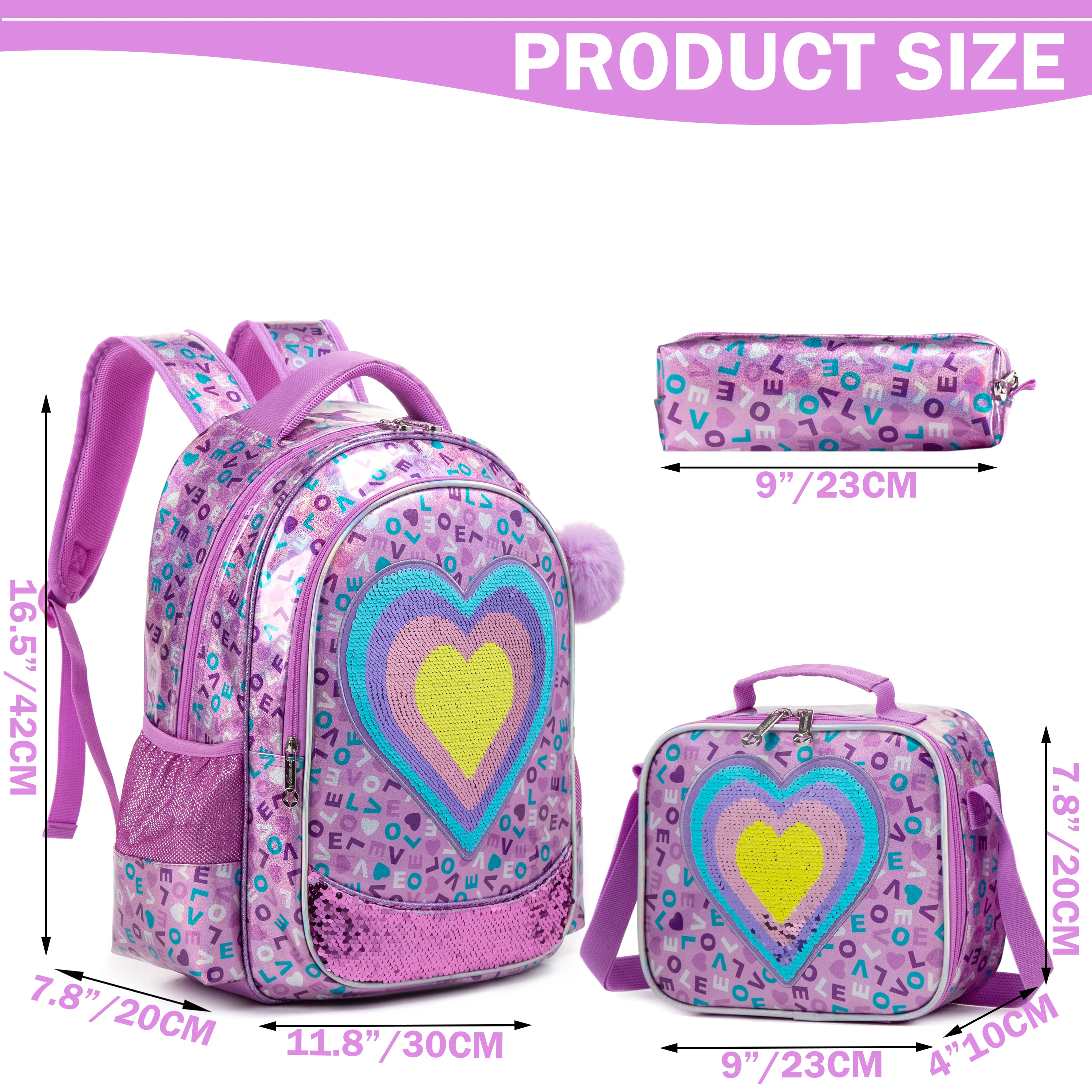 Meetbelify Girls Sequins Love Backpack with Lunch Box for Elementary Kindergarten Travel Bookbag for Girls 6-12 Years Old