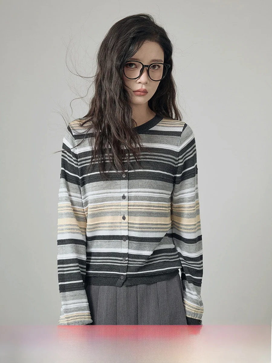 

Spring 2026 Women's Knitted Stripe Hollow out Slim Fit Open Cardigan Top Color Blo Design Faionable Small Size Friendly