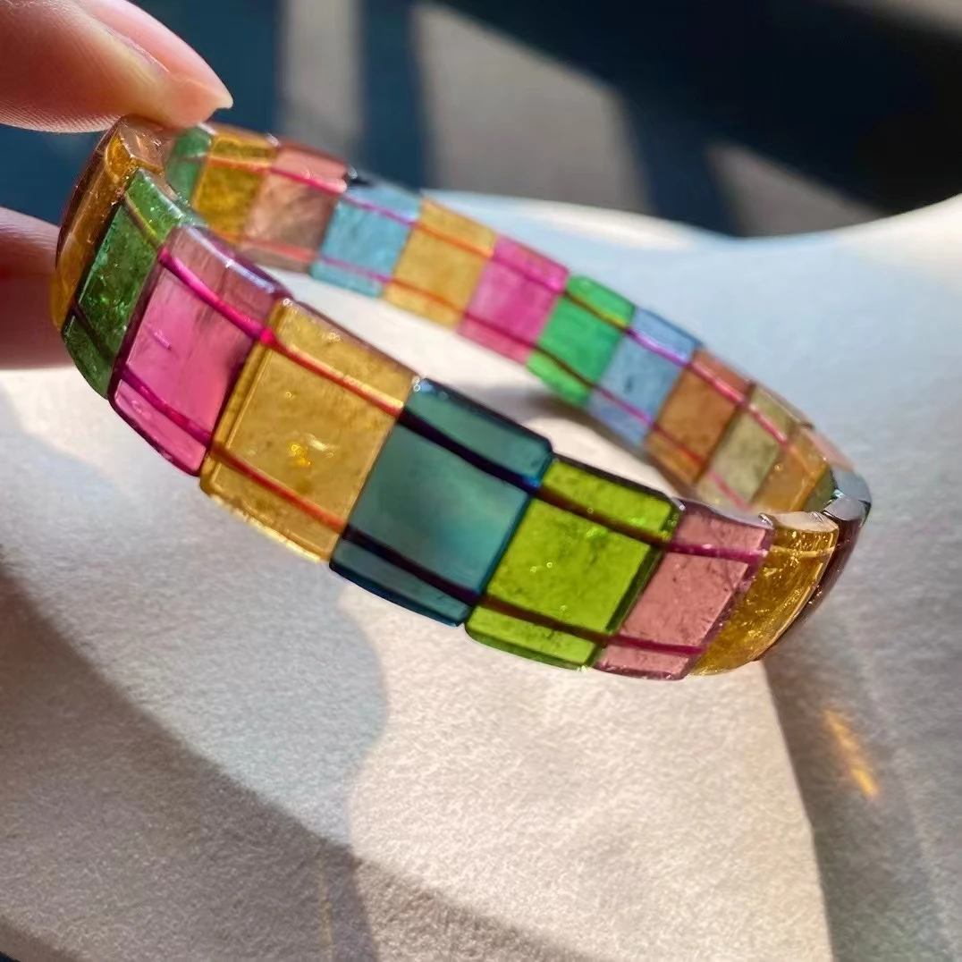 Natural Colorful Tourmaline Rectangle Clear Beads Bracelet 13.5/9mm Red Green Blue Tourmaline Women Men Jewelry AAAAAAA