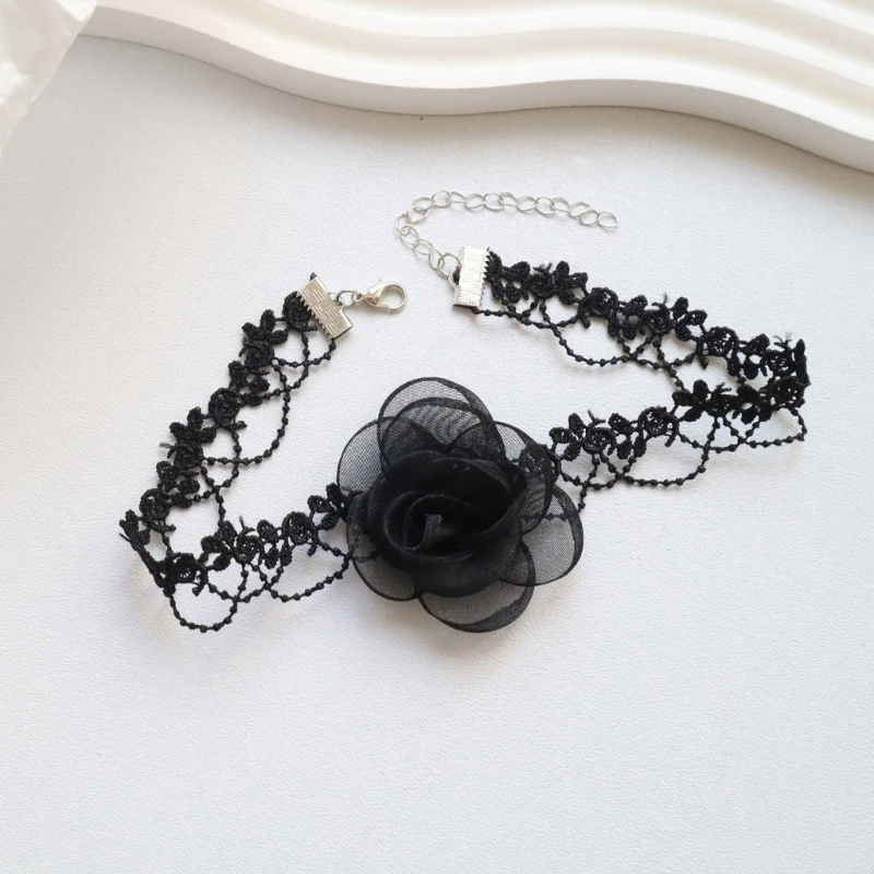 E15E Sexy Neck-Band Necklace Cool Retro-Black Necklace Camellia Lace Choker Collar