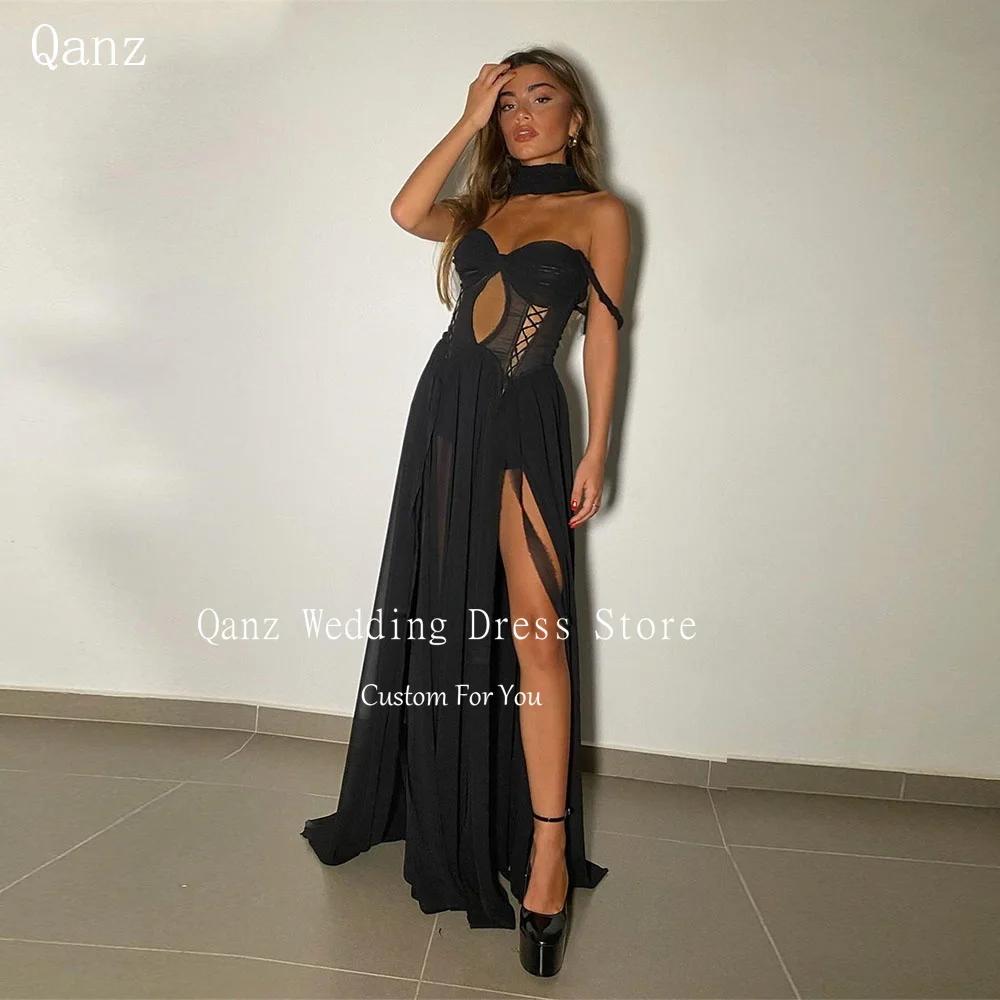 Qanz Sexy Long Evening Dresses Black Chiffon Off the Shoulder High Slit Lace Up Back Party Gown Customized Vestido De Noche