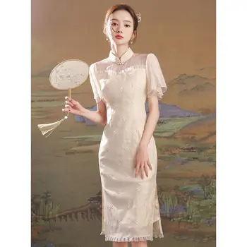 Chinese Qipao Improved Cheongsam Girl 2022 Summer Retro Temperament Young Slim Long Dress Elegant Sweet High-end Short-sleeved