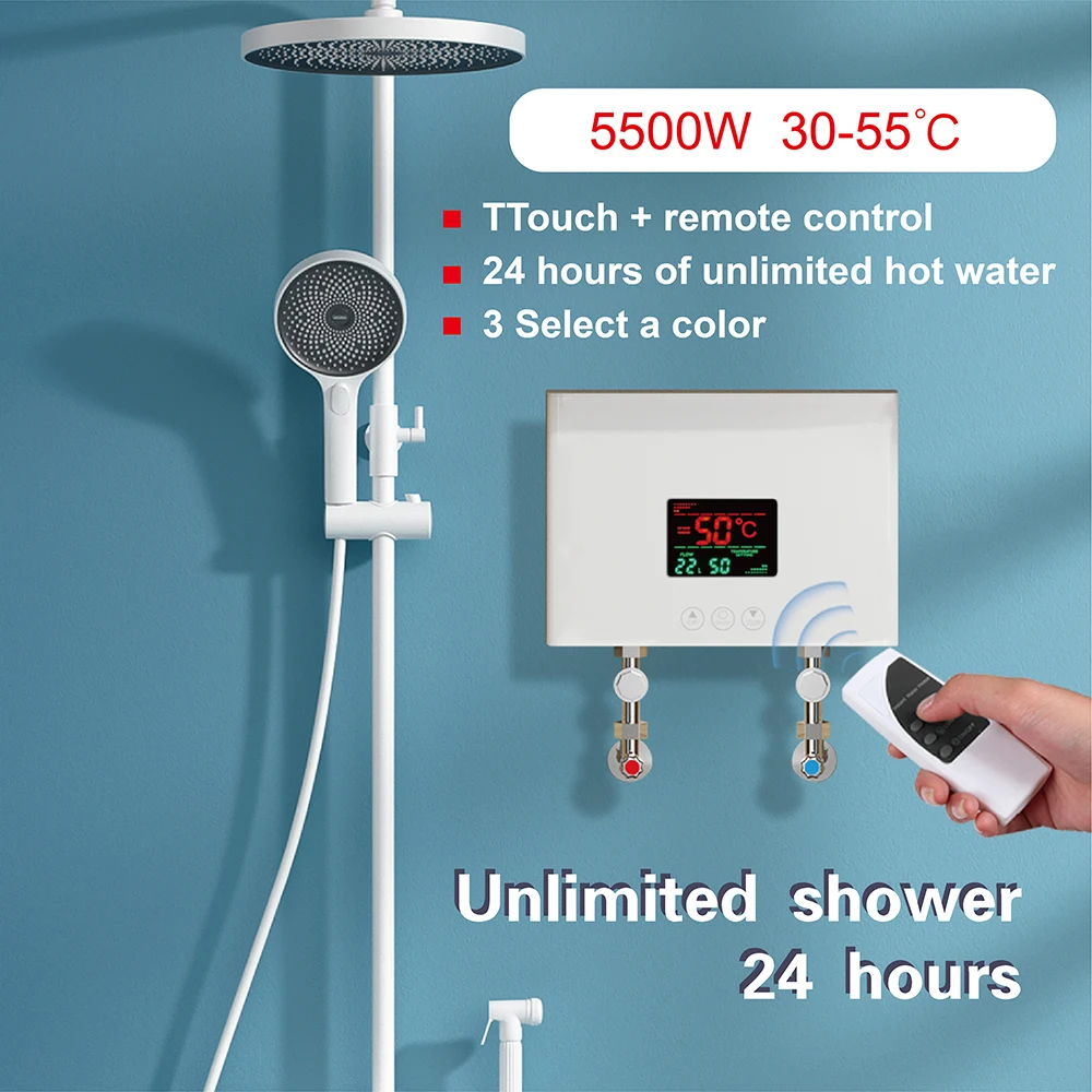 110V 220V Instant Water Heater Bathroom Kitchen Wall Mounted Electric Water Heater LCD Temperature Display with Remote Control