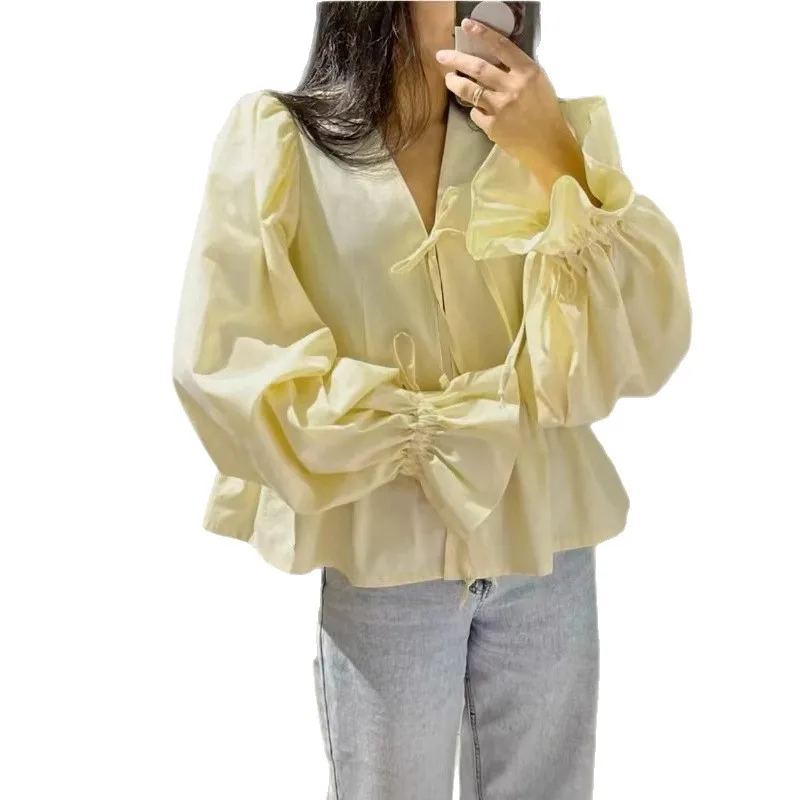 2025 New Autumn and Winter Women's Tops Fashionable Casual V-neck Pleated Lace-up Top Puff Sleeve Shirt