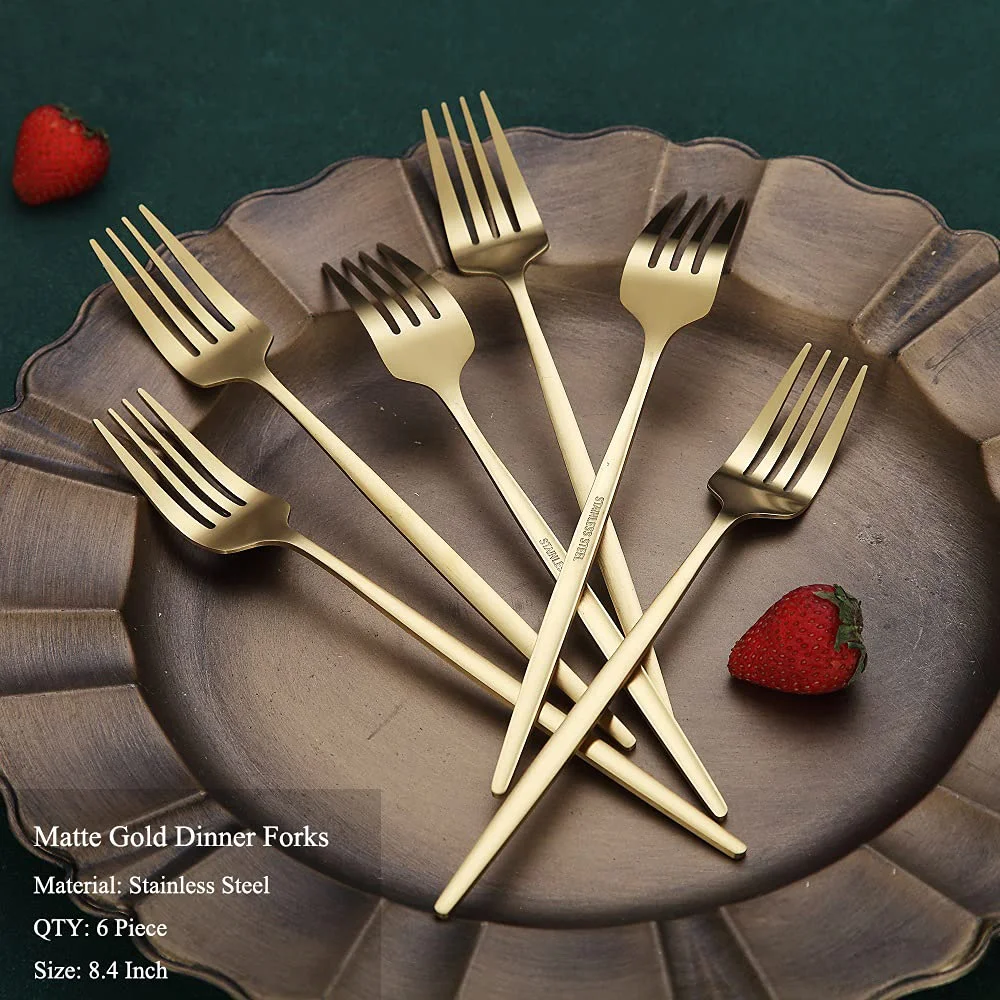 Silvere/Golden Stain Flatware Modern 6 Pcs Stainless Steel Dinner Fork 8.2 Inch Camping Dinnerware Set Tableware Eating Utensils