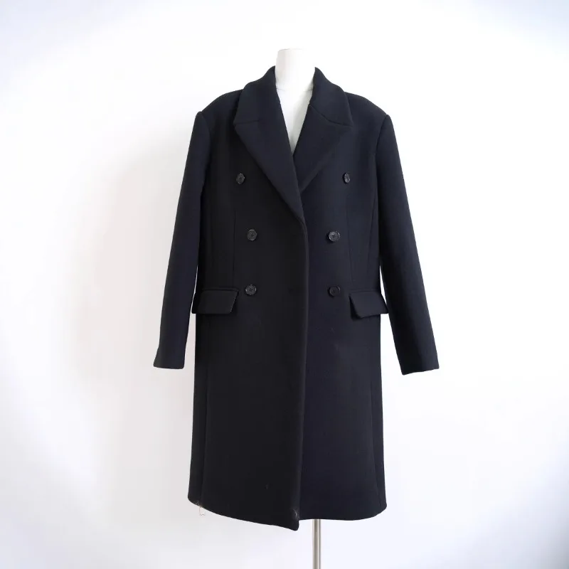 New Autumn and Winter Loose Silhouette Right Shoulder Suit Collar Mid-length Double-breasted Wool Coat for Women