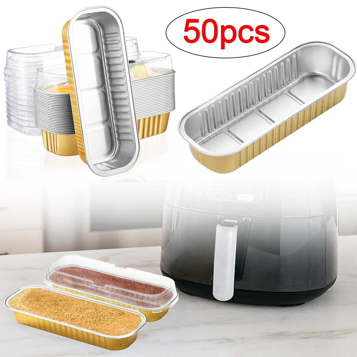 

50pcs Air Fryer Gold Rectangular Tinfoil Box Aluminum Foil Tinfoil Box Durian Sushi Takeaway Packaging Box Baking Tray