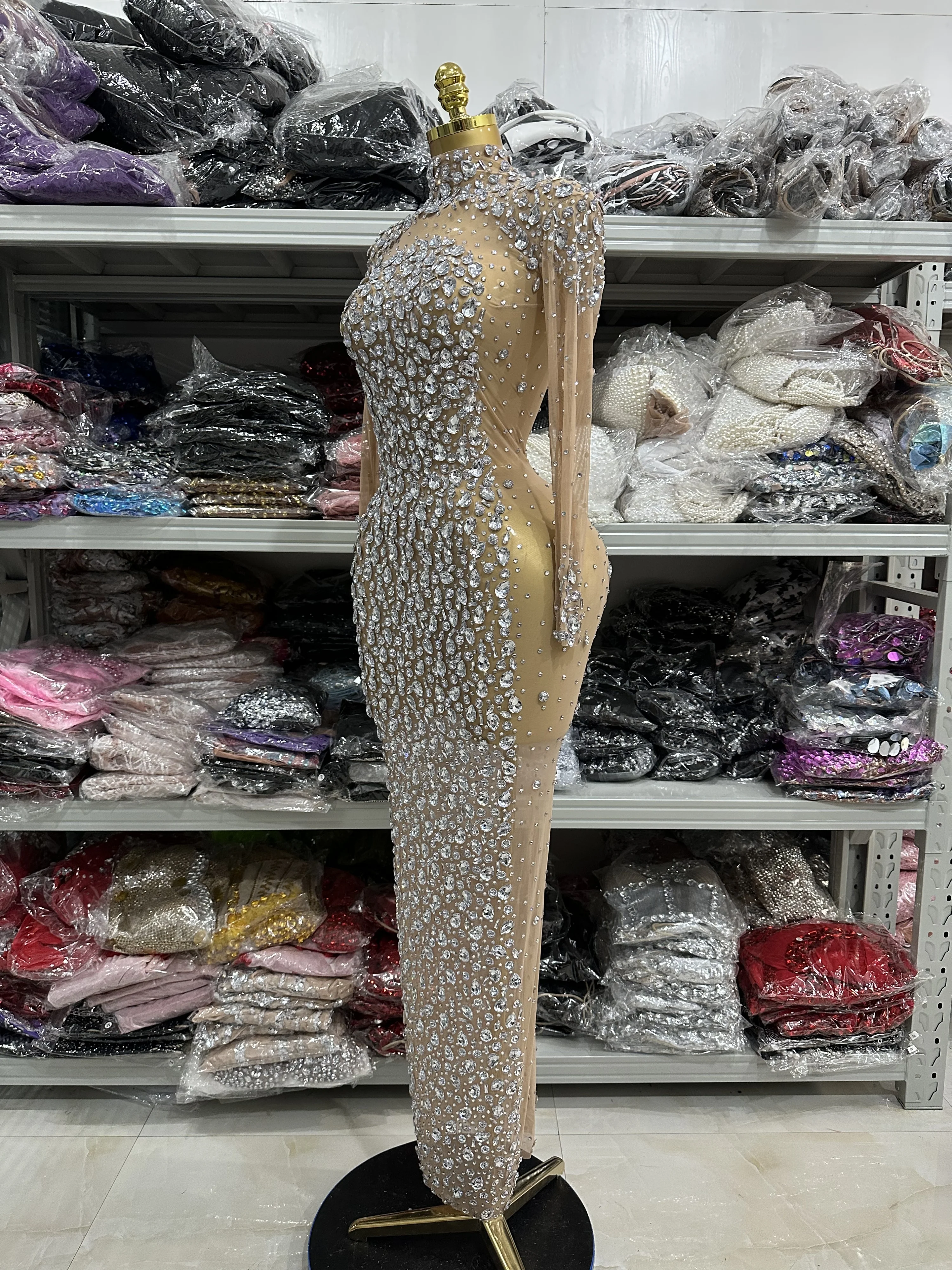 Top Quality Women Long Sleeve Big Crystal Mesh See Through Bodycon Long Gowns Dress Evening Party Celebrate Birthday Wear