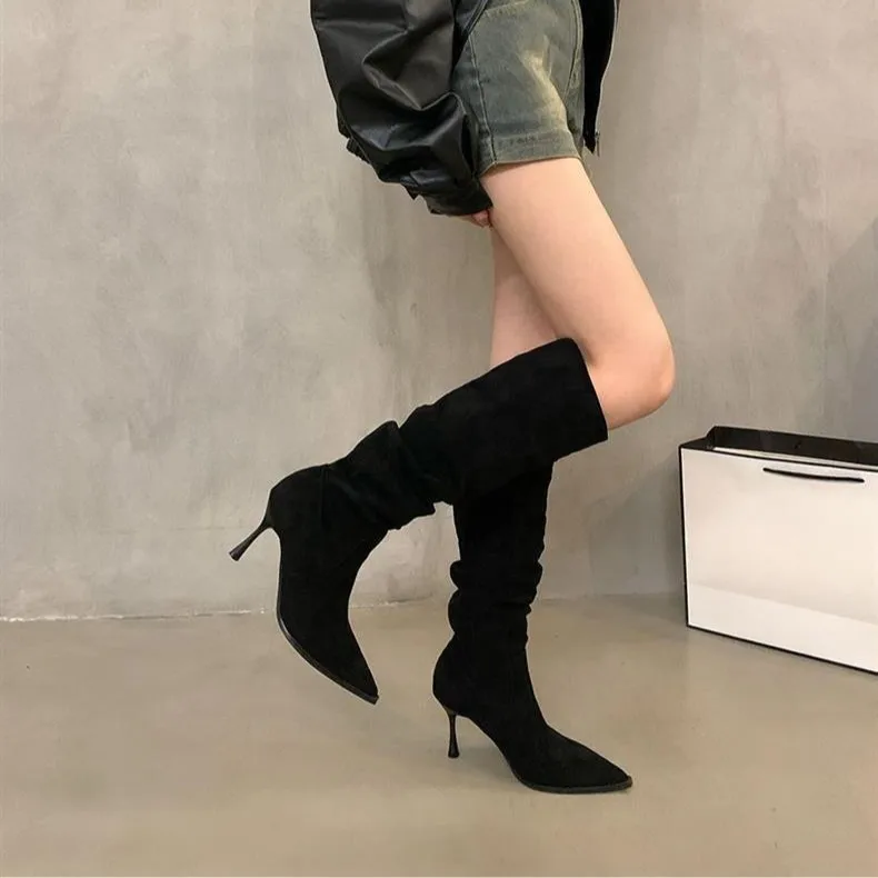 Long boots Spring and Autumn new style slim heel long tube boots wrinkled pile boots mid tube high tube boots women's long boots