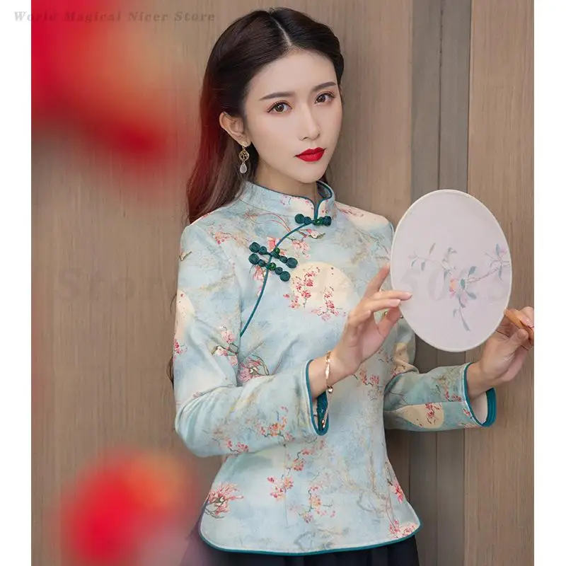 Green Printed Cheongsam Blouses Long Sleeved Traditional Chinese Shirt Vintage Oriental Qipao Top Mandarin Collar Tang Clothes