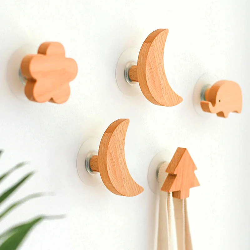 Wooden Animal Hook Hanger Drawer Wardrobe Door Knobs Cute Moon Star Wall Keychain Coat Hook Wood Cupboard Furniture Handles