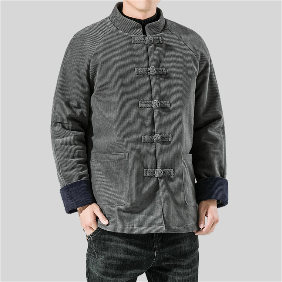 Parka retrô veludo estilo chinês masculino, jaqueta acolchoada quente, jaqueta de algodão grosso, fivela de disco casual, monocromática, inverno