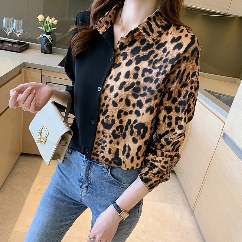 Fashion Leopard Contrast Stitching Ladies Shirts Blouses Casual Women Tops Female Woman Button Up Shirt Girl Long Sleeve Blouse