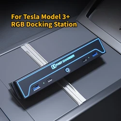 Estación de acoplamiento HUB para Tesla New Model 3 + Highland 2024, Control Central, Cargador rápido USB, lámpara de atmósfera RGB, modificación de coche