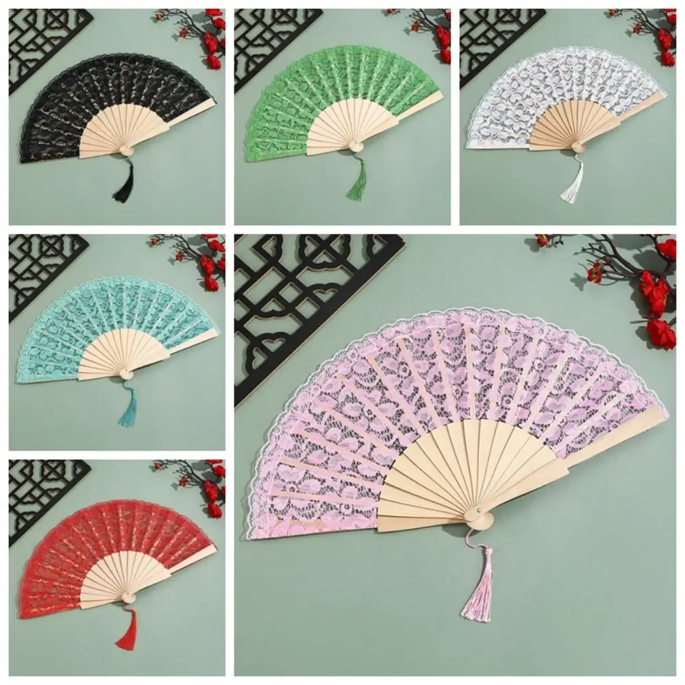 Éventail pliant élégant en dentelle, style vintage chinois, motif floral, avec pendentif à pompon, pour mariage