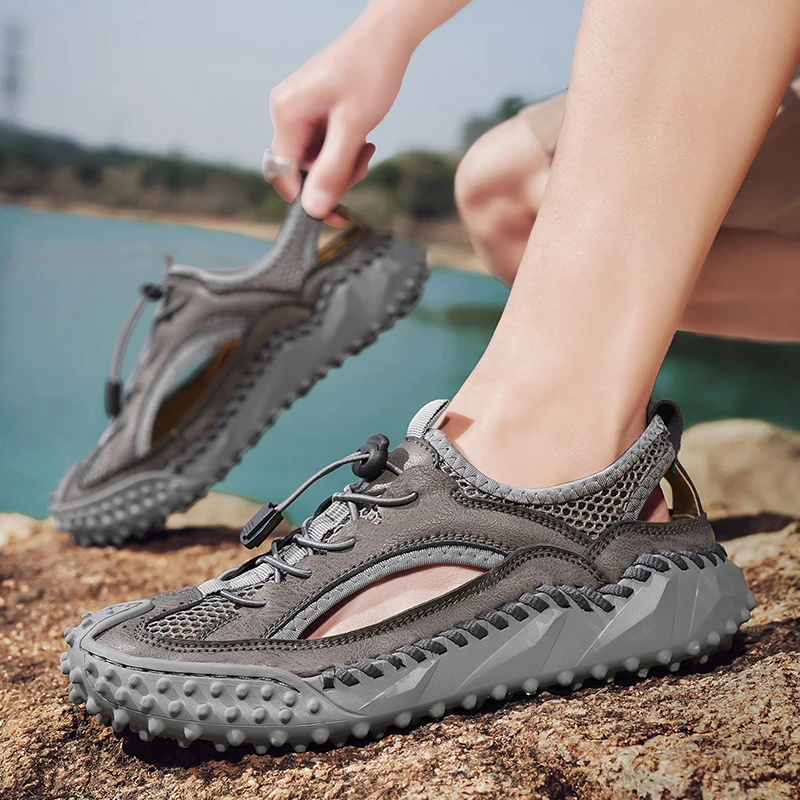 

Мужские повседневные сандалии из сетчатого материала для активного отдыха | Летние дышащие тонкие перфорированные туфли ручной работы для ленивых