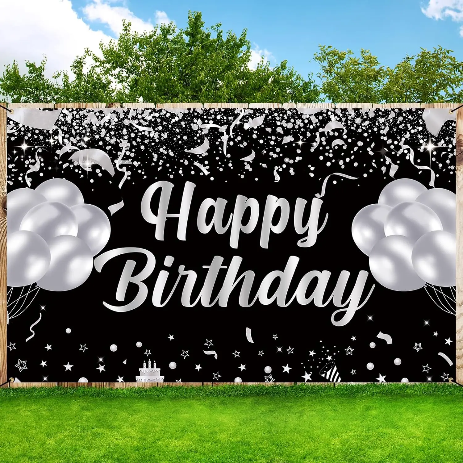 Happy Birthday banner background, black and silver birthday party decorations, birthday party supplies men and women