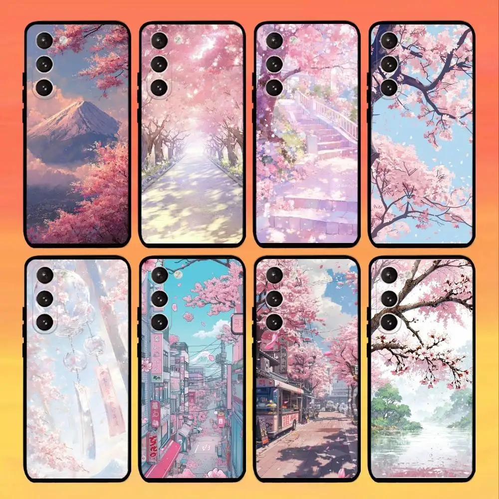 

Japan Anime Cherry Blossom Mountain Landscape Phone Case For Samsung Galaxy A73,A72,A71,A70,A53,A52,A51,Others Soft Black Cover