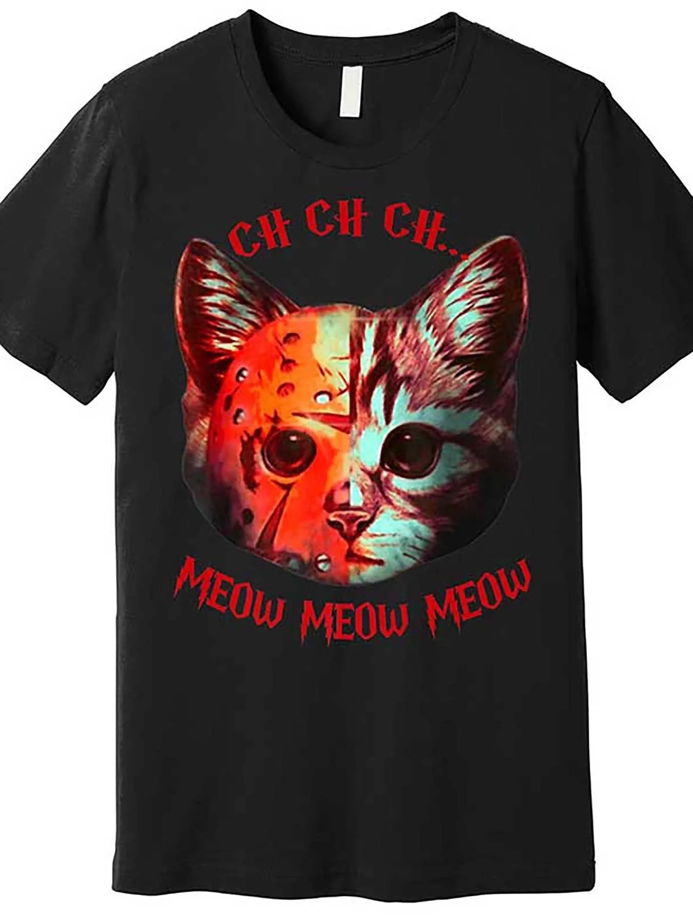 2026 Men's Halloween Horror Cat Graphic T-Shirt - Soft Cotton Short Sleeve Crew Neck Tee with CH CH CH MEOW MEOW Print & Split-F