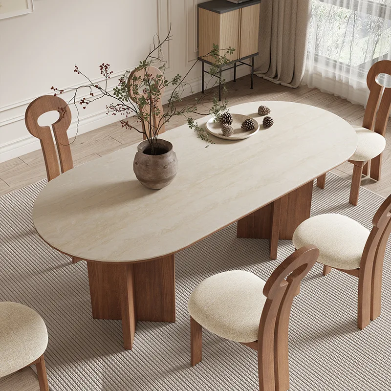 

Nordic solid wood cream style oval negotiation table small apartment household white rock slab dining table and chair