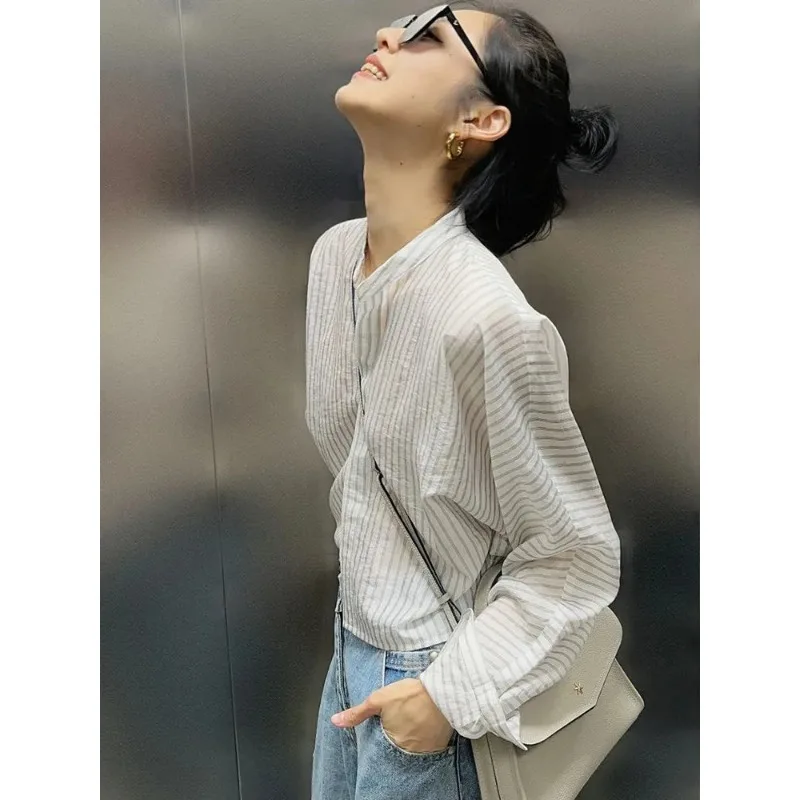 Women's Striped Tencel Shirt Stand Collar Long Sleeve Sun Protection Blouse