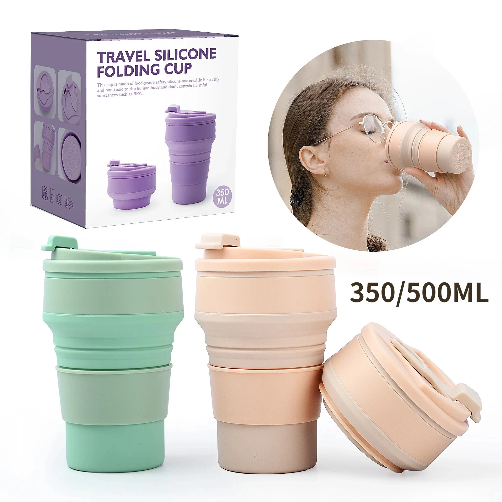 350ml 500ML Food-Grade Silicone Collapsible Cups with Lid for Camping Reusable Portable Folding Coffee Tea Cups for Travel