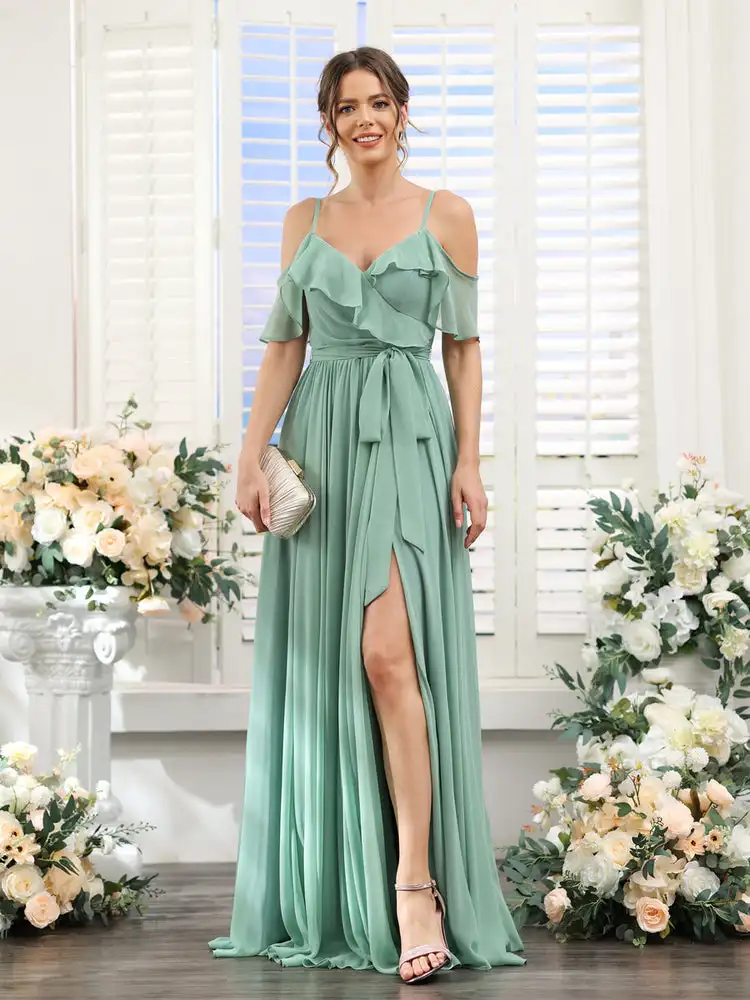 Chiffon Off the Shoulder Ruffles A-Line Bridesmaid Dresses V-Neck Spaghetti Straps Backless High Slit Formal Evening Prom Gowns